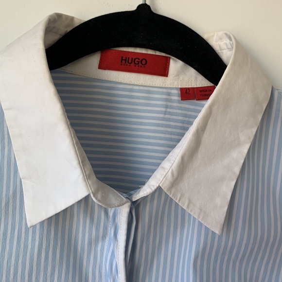 HUGOxHugo Boss Striped Blue White Collared Button Long Sleeve Shirt 42/10US - Picture 2 of 5